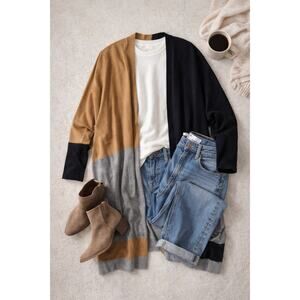 Chico’s Colorblock Open Cardigan Black Camel Gray Draped S M